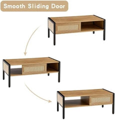 Modern Coffee Table with Storage, Sliding Rattan Doors, Solid Wood Top and Metal Frame for Living Room (White)