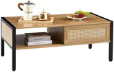 Modern Coffee Table with Storage, Sliding Rattan Doors, Solid Wood Top and Metal Frame for Living Room (White)
