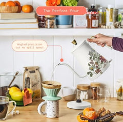 Beautiful Electric Gooseneck Kettle, Stainless Steel, 1L, 1200W, Auto Shut-Off, Pour-Over Coffee and Tea (Wildflower White Icing)