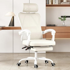 Ergonomic Office Chair with Footrest, Mesh Office Desk Chair with Headrest, High Back Computer Chair with Adjustable Lumbar Support for Home Office Study Room Bedroom (White & Black)