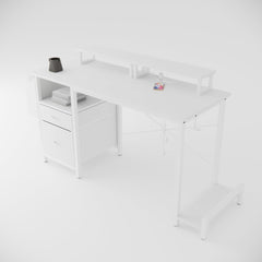47.3" White Modern Computer Desk - Power Outlet, 2 Monitor Stands, 2 Drawers for Home & Gaming, Monitor Stands, Adjustable Feet Gaming Desk, Office Desk