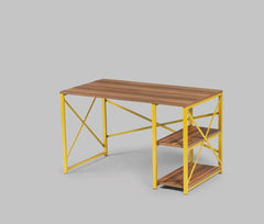 Maximize Workspace Efficiency with Stylish Writing Desk, Solid Wood Top and Metal Frame, 2 Shelves for Home Office, White