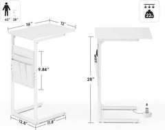 Vagusicc C Shaped End Table with Charging Station, Small Side Table for Couch, Tall Sofa Table Couch Side Tables, Slide Under Sofa Table TV Tray Arm C Tables for Living Room, Bedroom, Bedside, Brown