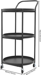 Round 3-Tier Rolling Bar Cart, Metal Frame Serving Cart with Wheels Handle, Mobile Storage Carts for Kitchen Dining Room Living Room (White)