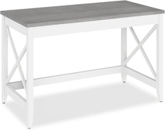 Farmhouse Writing Desk 47 Inch Gray Finish Rustic Modern Office Table Compact Computer Desk Minimalist Home Workstation Wooden Surface for Study Bedroom Studio or Home Office