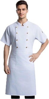 Maizoon Professional Double-Breasted Chef Uniform Set Short Sleeve Jacket with Large Brass Buttons & Matching Apron Outfit