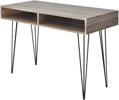 Desk with 2 Compartments, Spacious MDF Top and Metal Legs, Home or Office, Gray and Oak