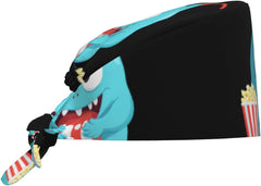 Cleaning Working Cap Little Monster Eating Popcorn Printed Chef Hat for Women & Men, Adjustable, Breathable Black