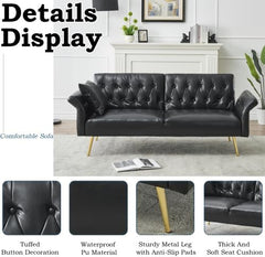 67.71 Convertible Sofa Bed,Futon Couch Sofa Bed w/Split Backrest and 2 Throw Pillows,Convertible Loveseat Sleeper w/Gold Metal Legs and Adjustment Armres for Living Room Bedroom Small Space (Green)