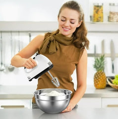 7-Speed Electric Hand Mixer, 5 PCS Mixing Bowls Set, Metal Nesting Storage Bowls for Kitchen, Size 7, 4, 3.5, 2.5, 2 QT, Great for Prep, Baking, Serving