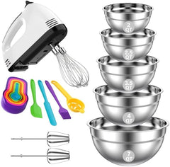 7-Speed Electric Hand Mixer, 5 PCS Mixing Bowls Set, Metal Nesting Storage Bowls for Kitchen, Size 7, 4, 3.5, 2.5, 2 QT, Great for Prep, Baking, Serving