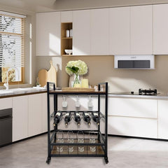 Home bar cart, 3-Story bar cart with Wheels, Wine cart, Beverage cart, Rolling Beverage cart with Wine and Glass Shelves