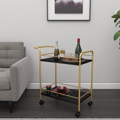 Premium Metal Kitchen Serving Trolley with Wheels Barcart Trolley, Serving Trolley, Utility Cart with Wheels for Kitchen, Dining Room, bar or Living Room (Black and Gold) Multicolour