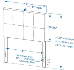 Glenwillow Home Paio 20" Tall Panel Upholstered Headboard, 2-Row Square Tufting, Twin Size, Light Gray
