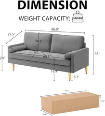 67" Velvet Loveseat Sofa with Gold Metal Legs - Mid-Century Compact 2-Seater Couch with 2 Bolster Pillows | Velvet Upholstered Small Space Sofa for Living Room, Apartment & Bedroom (Grey)