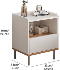 Nightstand with Drawers Easy Assembly Metal Legs Night Table Drawer Storage Shelf Side Table Nightstand End Table Wood Bedside Table for Bedroom Living Room Salon Office White