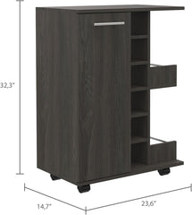 Bar Cart, Two External Shelves, Four Casters, Six Built-in Wine Rack, Single Door Cabinet -Espresso