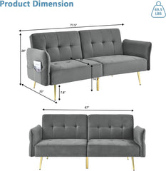 78" Velvet Futon Sofa Bed, Modern Convertible Sleeper Couch Bed with Folded Armrests, Side Pokets, Velvet 2-Seat Futon Sofa, Memory Foam Loveseat for Living Room Small Space Studio Apartment (Navy)