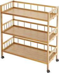 Bamboo Bar Carts with 3 Tier Storage Shelves Holder, Home Serving Carts on Wheels, Storage Organizer Utility Cart for Kitchen, Bar, Dinning Room