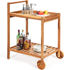 Rolling Serving Cart, Solid Wood Home Bar Cart with Handle with 2 Trays, Portable Serving Trolley for Kitchen, Dining Room, Patio, Teak