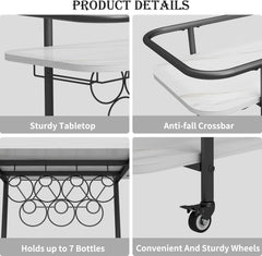 MORITIA Black Bar Cart with 4 Wheels 2 Tier Rolling Drink Trolley Beverage Serving Cart for Entertaining, Mobile Wine Cart with Handles Drink Cart for Kitchen, Dining Room, Living Room, Party