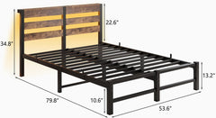 Full Size Metal Platform Bed Frame with Wood Headboard, 10.6" Under Bed Storage, Charging Station & LED Lights, No Box Spring Needed (Brown MDF Wood, Full)