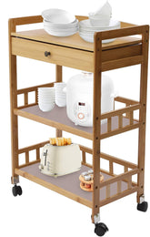 3-Tier Wooden Mobile Serving Cart with Lockable Wheels,Kitchen Storage Cart with Drawer, Home Bar Serving Cart,Multifunction Utility Cart for Kitchen Dinning Room Living Room Bar