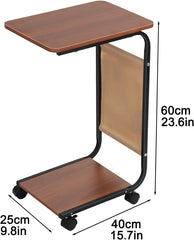 C Shaped End Table, Rectangle Side Table, Night Stand with 2-Tier Storage Shelf and Fabric Storage Bag, Living Room Small Coffee Table, Wood Finish Bedside Table for Bedroom Brown