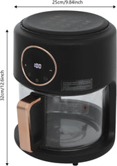 Glass Air Fryer with Digital Display 3.81Qt 1200W Cylinder Air Fryer with 360°Viewable Glass Basket 176°F to 392°F Adjustable Temperature 8 Modes 60-Min Timer for French Fries,Roast,Steak (Black)