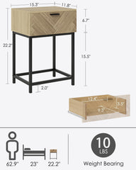 Masupu Nightstand,Bedside Tables with Storage Drawer,Tall Nightstand with Herringbone Pattern,Bedside Furniture,Small Side Table for Small Spaces, Bedroom, Living Room, Rustic Oak