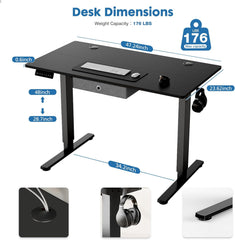 Electric Standing Desk with Drawer, Adjustable Height Sit to Stand Up Desk with Splice Board, Rising Home Office Computer Table with 2 Hook and Wire Hole for Work, Study or Gaming, 48IN x 24IN