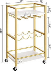 Bar Cart for Home, Mini Rolling Wine Cart, 3 Tier Serving Cart, Kitchen Storage Cart with Wine Rack and Glass Holders, for Kitchen, Dining Room, Living Room, Gold and White RCJW9301