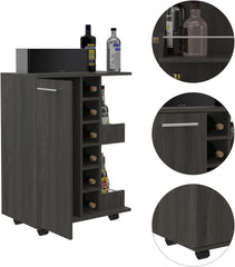 Bar Cart, Two External Shelves, Four Casters, Six Built-in Wine Rack, Single Door Cabinet -Espresso