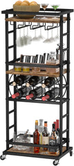 4 Tier Bar Cart for Home with Wheels,Home Bar Serving Cart, Rolling Mini Wine Cart with Wine Rack and Glass Holder, Drink Cart for Dining Room, Living Room, Kitchen, Bar and Outdoor, Rustic Brown