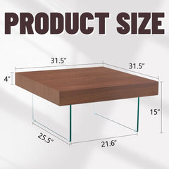 Wood Grain Coffee Table with Faux Wood Desktop, Glass Legs, and Easy-to-Clean Surface, Modern Minimalist Design, 31.5” Square Tabletop, Ideal for Living Rooms or Offices