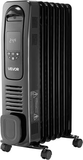 VEVOR Electric Oil Filled Radiator, 1500W Radiant Space Heater with LED Screen, Over-Heat Protections,24h Timer, Portable Handle Casters, Thermostat,Remote Control for Indoor Use,Black