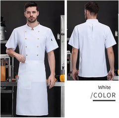 Maizoon Professional Double-Breasted Chef Uniform Set Short Sleeve Jacket with Large Brass Buttons & Matching Apron Outfit