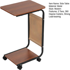C Shaped End Table, Rectangle Side Table, Night Stand with 2-Tier Storage Shelf and Fabric Storage Bag, Living Room Small Coffee Table, Wood Finish Bedside Table for Bedroom Brown