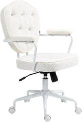 INMOZATA Soft Teddy Work Chair - Swivel Computer Desk Chair with Wheels, Button Tufted Back, Ergonomic Vanity Chairs for Small Spaces, Home Office(White)