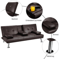 66'' Futon Sofa Bed Modern Folding Small Couch Bed PU Leather Convertible Recliner Lounge Sofa for Living Room with 2 Cup Holders, Removable Armrests, Sleeper Loveseat, Futon Set (Tan)