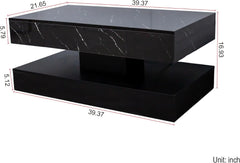 35.31" LED Coffee Table with Unique Architectural Shape, Modern 2 Tiers White Center Table with LED Light, Faux Marble Stickers Cocktail Tea Accent Table for Living Room