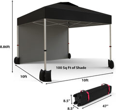 10x10 Ft Pop Up Canopy Tent, Portable Commercial Canopy with Vented Top Roller Bag,1 Removable Sidewall, 4 Sandbags, 4 Ropes and 8 Tent Stakes, Easy Outdoor Sun Shade for Events, Parties, Black