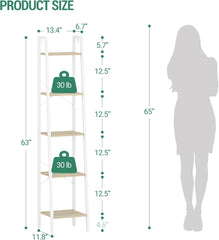 Ladder Shelf, Bookshelf Bookcase, Freestanding Corner Storage Shelve with 2 Hooks for Home Office, Living Room, Kitchen, Bedroom, Industrial, 11.8"Dx13.4"Wx63"H, White Oak and White BC03216W