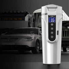 PROPFE 450ml Portable Car Heating Cup 12V Electric Heat Water Cup LCD Display Temperature Kettle Coffee Tea Milk Stainless Steel,White