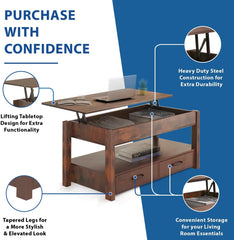 Lift Top Coffee Table with Hidden Compartment & 2 Storage Shelves - Living Room Dining Table with Rising Tabletop Lifttop Desk for Apartment, Home, Condo - Rustic Brown