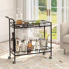 Black Bar Cart, Serving Cart with Wheels and Handle, Small Bar Cart with Wine Rack and Glass Holder, Modern Glass Beverage Cart, Mini Bar Carts for Small Spaces