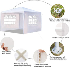 SSLine White 10x10 ft Canopy Patio Party Wedding Tent Outdoor Waterproof Gazebo Canopy with Windows and 3 Removable Sidewalls