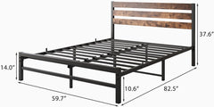 Rustic Queen Size Metal Platform Bed Frame/Mattress Foundation with with Vintage Wooden Headboard,Strong Slats Support,No Box Spring Needed (Brown, Queen)