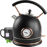 1.9 Quart Electric Tea Kettle with Thermostat – Retro Half Circle Stainless Steel Kettle, Fast Boil with Temperature Gauge, Cordless Base, Matte Black or White Finish (Black)