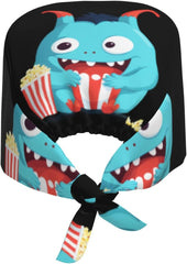 Cleaning Working Cap Little Monster Eating Popcorn Printed Chef Hat for Women & Men, Adjustable, Breathable Black